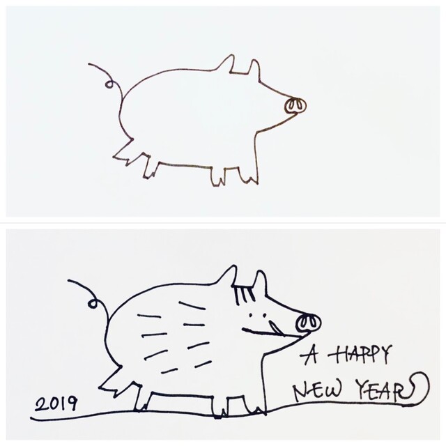 2019年干支いのしし年 おしゃれな亥年の手書きイラスト年賀状の簡単