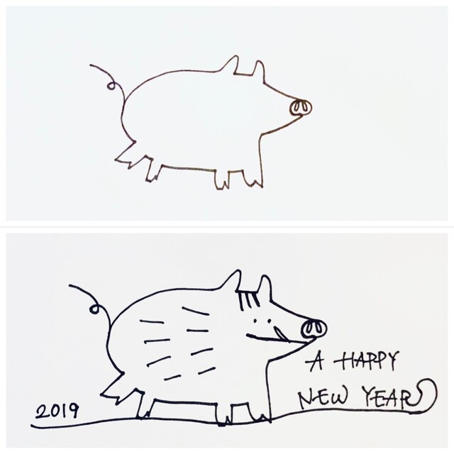 2019年干支いのしし年【おしゃれな亥年の手書きイラスト年賀状の簡単