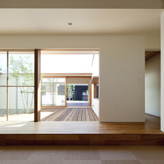 中庭/ウッドデッキ/平屋/マイホーム/ロフト/建築家/... 子供室から中庭、デッキ方向を望む(1枚目)