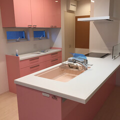 ピンク/新築一戸建て/キッチン/建築 念願のマイホーム。
大好きなピンク色のキ…(1枚目)