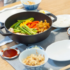 ストウブ 鍋 Staub ブレイザー ソテーパン 24cm ブラック | STAUB(両手鍋)を使ったクチコミ「ある日の晩ごはん
・ストウブ鍋で野菜と鶏…」(1枚目)