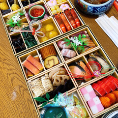 初詣/気球/初日の出/豆餅/お餅/御節/... 今年は、御節料理作らず😅義父の会社のお付…