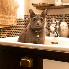 洗面台/猫とインテリア/ロシアンブルー/猫と暮らすインテリア/猫と暮らす/ペット/... 私が朝洗面台に向かうと、必ずついてきて顔…(1枚目)