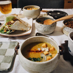 作家さんの器/うつわ/トルティーヤ/カレーポタージュ/ばんごはん/おうちごはん/... 本日の晩ご飯🍳
今日のメインはカレーポタ…