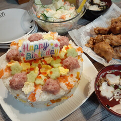おうち時間/誕生日パーティー/4歳誕生日/ケーキ寿司/お寿司ケーキ/誕生日プレゼント/... 先日は私の誕生日でしたが、２日違いで昨日…(1枚目)