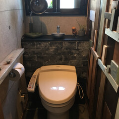トイレ/インテリア/DIY/100均/住まい/リフォーム 二階のトイレ。
タンクレス風のレンガは発…(1枚目)