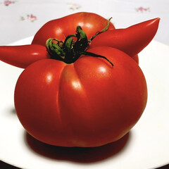 トマト/家庭菜園/お庭あそび 変な形のトマトが採れました❣️
ツノ生え…(1枚目)