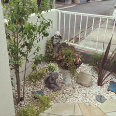 裏庭/石英石張り/化粧砂利/ソヨゴ/天使置物/アンティーク風花台/... こちらは我が家の裏庭です。

見える部分…(2枚目)