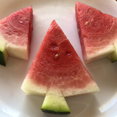 飾り切り/種なしスイカ/スイカ 種なしスイカ🍉。
飾り切り、白い部分残し…