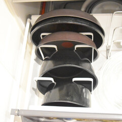 イワキ iwaki 耐熱ボウル4点セット PST-BO-30N PSC-BO-30N | AGCテクノグラス(調理用ボウル)を使ったクチコミ「フライパン収納です🙌🏻

幅が狭い鍋から…」(1枚目)