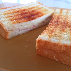 今日の朝食/ホットサンド/トースト/食パン/美味しい 今日の朝食。
サンドイッチ用のパンでホッ…(1枚目)