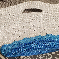 ダイソー/ハンドメイド/お片付け/雑貨 夏バック編みました。青２色、白を使った丸…(1枚目)