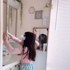 洗面所/キャンドゥ/セリア/無印良品/DIY/フェイクグリーン 洗面所横に娘用のミラーを取り付けました(2枚目)