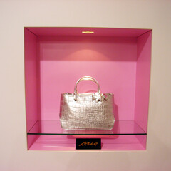白/インテリア/ピンク/ビビッド/明るい/清潔/... ピンクのニッチに展示されたシルバーのバッグ(1枚目)