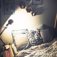 ベッド周り/ベッド/グレーインテリア/グレー/DIY/雑貨/... おやすみ前の一コマ。

真ん中のヘキサゴ…(1枚目)