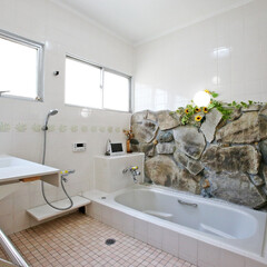 岩壁/岩風呂/お風呂リフォーム/浴室/タイル/浴槽/... もともとあった壁の岩を残したまま、タイル…(1枚目)