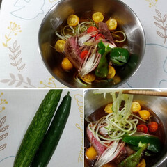 きゅうり/冷麺/麺がきゅうり/家庭菜園/一品/夏の食べ物/... 自宅で育ったきゅうり~(*´艸`*)
ま…
