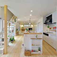 広いリビング/シースルー階段/白基調な家/オープンキッチン/アイランドキッチン 土間左手に広がるLDK＋和室。
フラット…(1枚目)