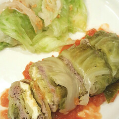 レシピ/ロールキャベツ/たまねぎ/豚しゃぶ肉 キャベツがたくさんあるので、ロールキャベ…