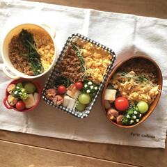 お弁当/手作り弁当/3色丼弁当/作り置きおかず/曲げわっぱ弁当箱/セリアボヌール/... わたしの手作りと言えば、お弁当🍙
長女…