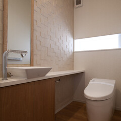 トイレ/消臭/防カビ/モダン/タイル 調湿性能のあるエコカラットを貼ったトイレ。(1枚目)