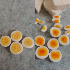 プティポッシュ/手作り/粘土/樹脂粘土/卵/ゆで卵/... ゆで卵制作しました✨
左が半熟なし。右が…(1枚目)