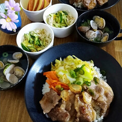 焼肉丼/夕ご飯/晩ご飯/料理/ニトリ 今日の、娘と２人ご飯は、焼き肉丼と、アサ…(1枚目)