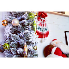 サンタクロース/スノーツリー/クリスマスツリー/クリスマス/オーナメント/板壁風壁紙/... ツリーのオーナメントはニトリで購入
イン…(1枚目)