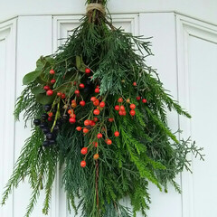 クリスマスツリー/DIY/ハンドメイド/スワッグ 杉の葉と野イバラの赤い実で作ったスワッグ…(1枚目)