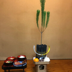 お正月飾り/おうち/あけおめ お正月飾り。松の下を炭で囲み、米、甘栗、…(1枚目)