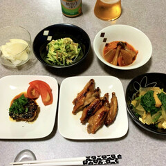 簡単レシピ/晩ごはん/ダイエット食/低糖質/晩酌ご飯/おうちごはん/... 晩酌ご飯です。
豆腐ハンバーグ。手羽中の…