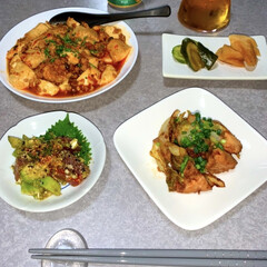作り置き/晩酌ご飯/晩ごはん/おうちごはん/節約/簡単/... 晩酌ご飯です。
麻婆豆腐。みそ漬け鶏胸肉…