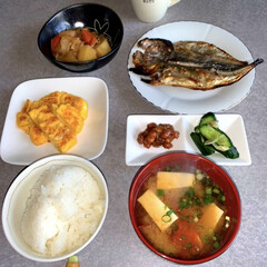 お昼ごはん/作り置き/おうちごはん/ランチ/簡単/暮らし/... お昼ご飯です。
鯵の干物。肉じゃが。卵焼…