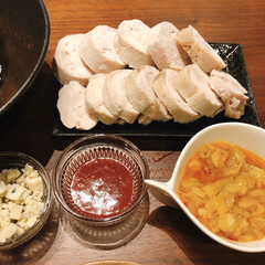 おうち中華/ダイエット食/おうちごはん 蒸し鶏をチリソースとネギソースで。

普…(1枚目)