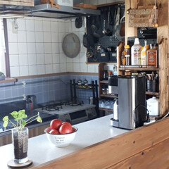 キッチン背面収納棚DIY/ラブリコDIY/コーヒータイム キッチンのレンジの場所にラブリコで棚を作…(2枚目)
